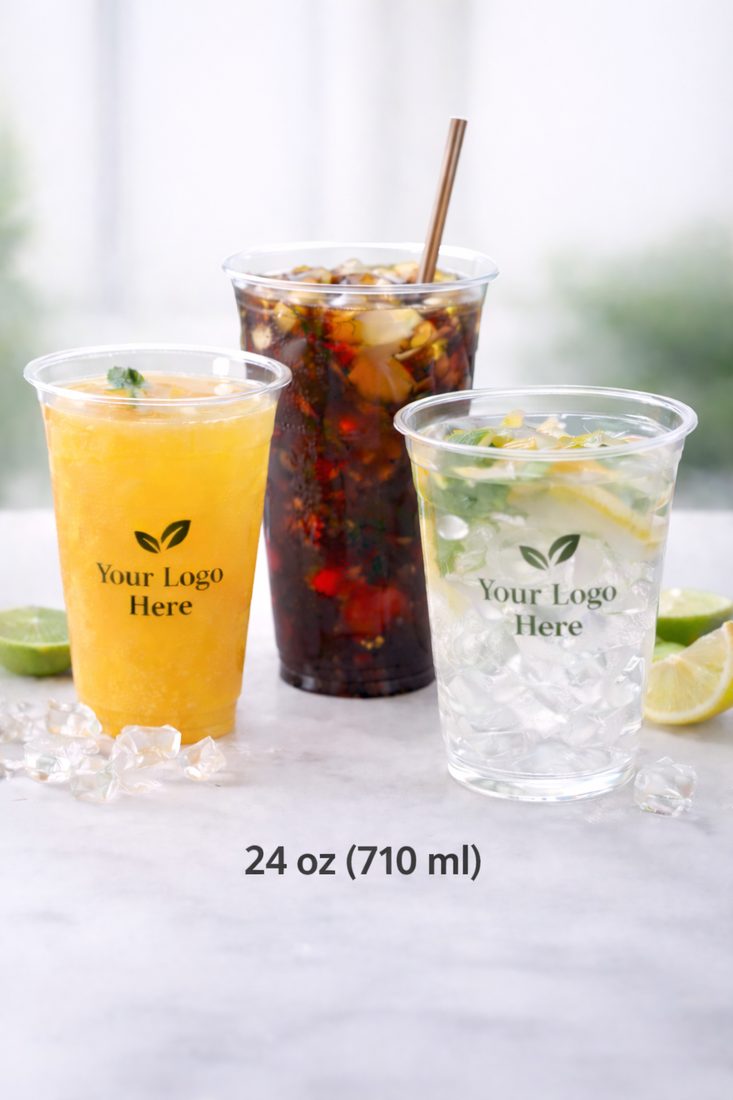 Custom printed clear plastic cold cups, 24 oz